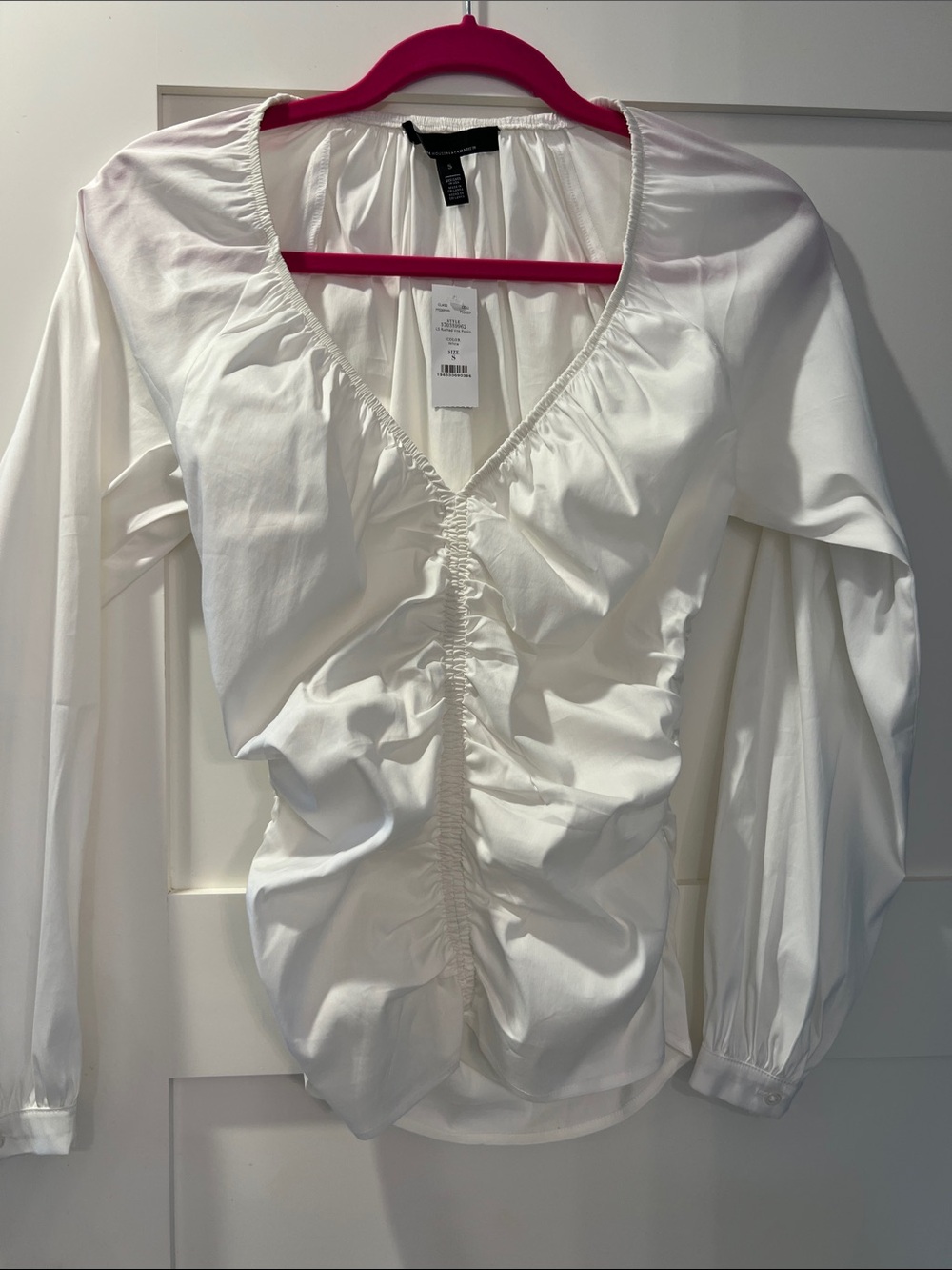 White House Black Market White Ruched V-Neck Long Sleeve Top
